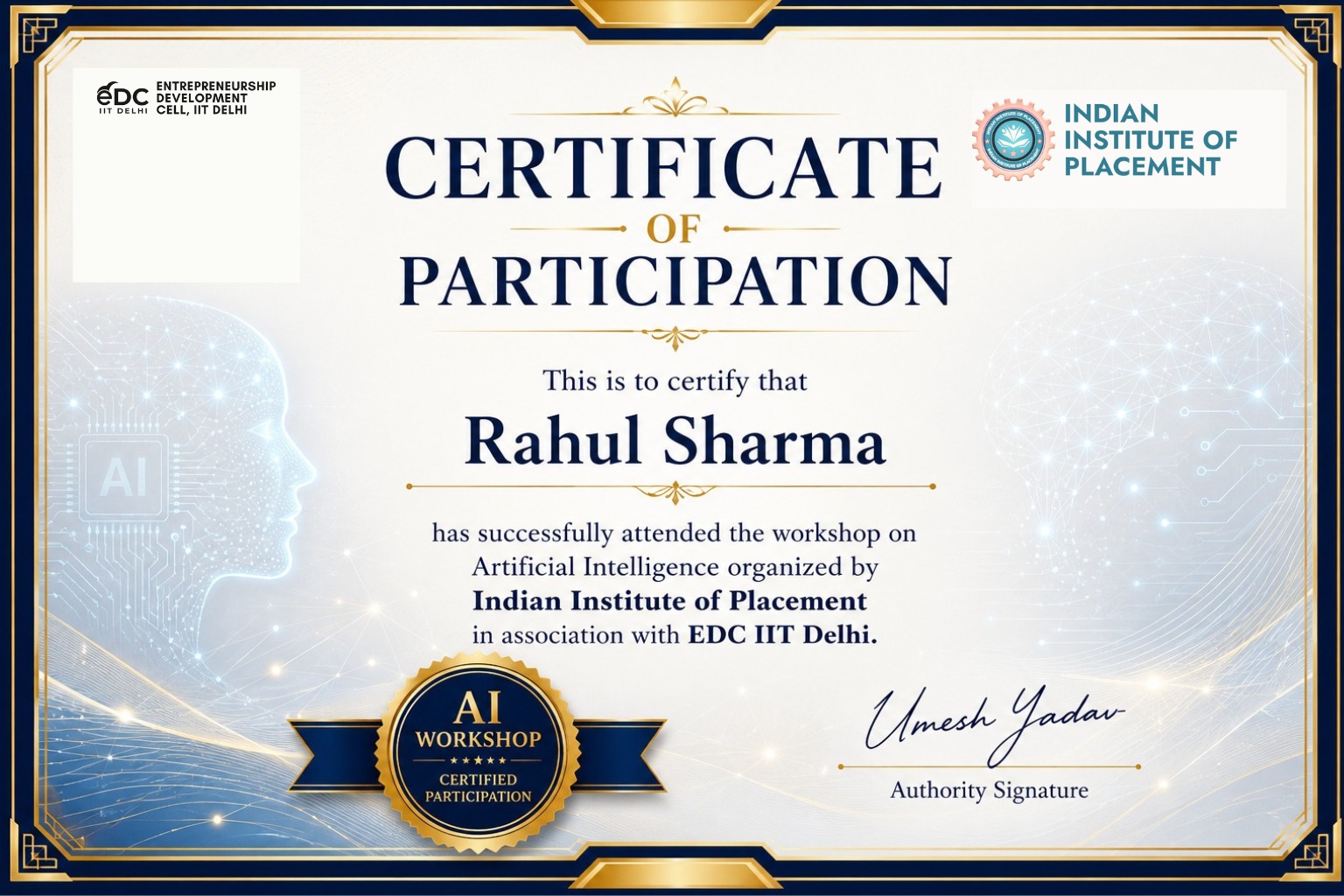 Certificate of Artificial Intelligence β sample